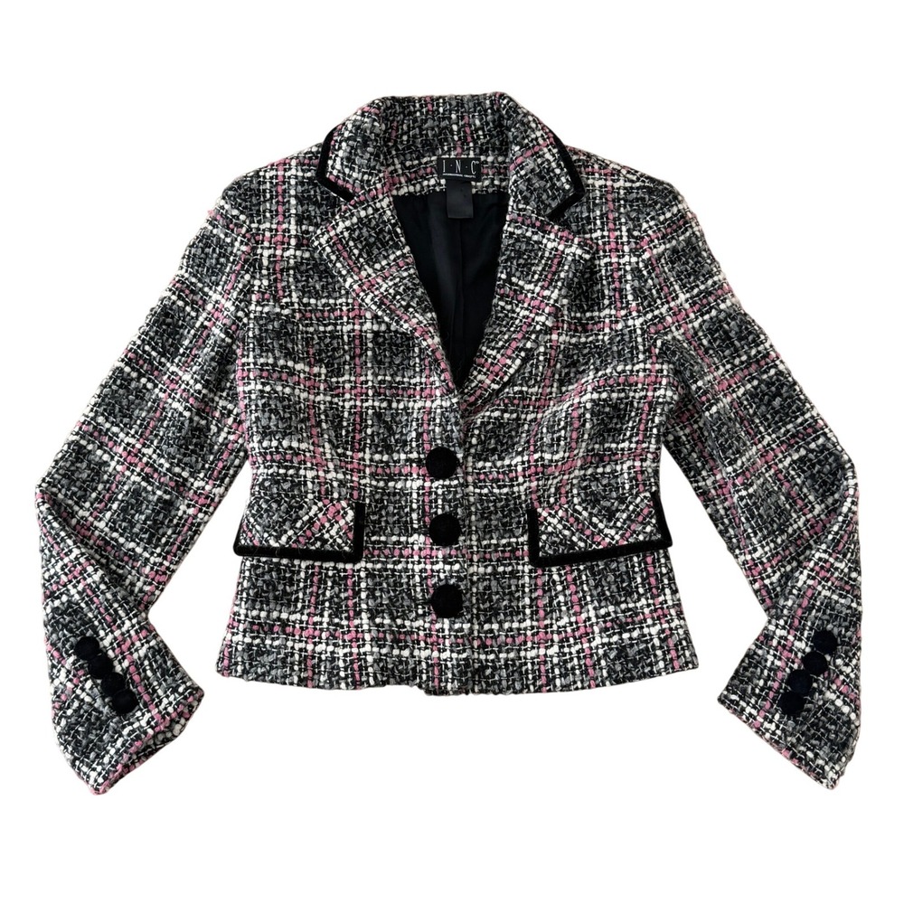 INC Pink Black Bouclé Tweed Cropped Blazer Velvet Trim Y2K Preppy Ivy League